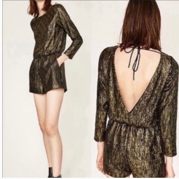 ZARA evening collection gold black metallic sequin long sleeve romper Sz XS - Picture 1 of 15